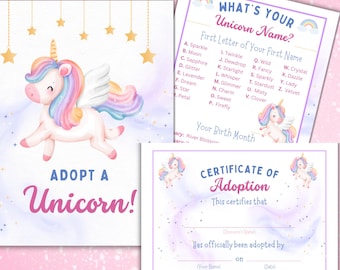 Adopt a Unicorn Party Printable, Unicorn Birthday Party Activity Kit, Adoption Certificates, Name Generator Game, Unicorn Party Decor
