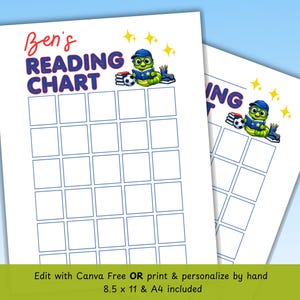 Puede incluir: Dos hojas de papel blancas con un diseño de tabla de lectura. La tabla se titula "Ben's READING CHART" en texto rojo y azul. Una oruga de dibujos animados con sombrero y sosteniendo un libro y un balón de fútbol está en la parte superior. El texto "Edit with Canva Free OR print & personalize by hand" está en la parte inferior.