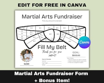 Rastreador de donaciones "Llena mi cinturón", recaudación de fondos para taekwondo y karate, plantilla editable de Canva