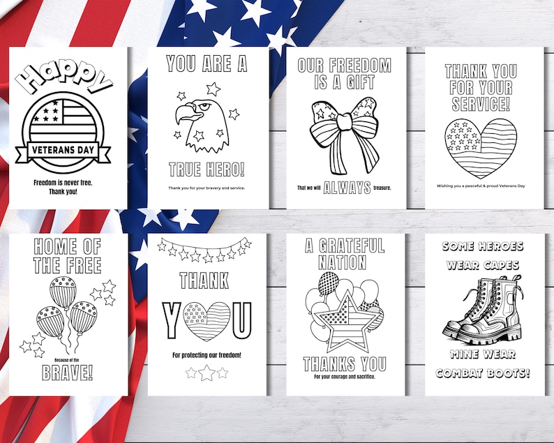 8 Veterans Day Coloring Cards Included!