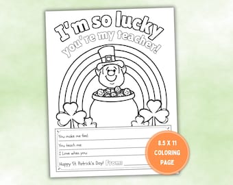 St. Patrick’s Day Coloring Card for Teacher, Teacher Appreciation, St. Paddys Day Printable, 8.5 x 11 Instant Download PDF
