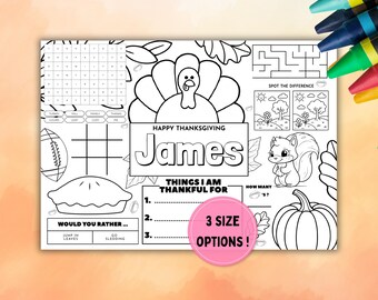 Mantel individual editable con actividades para niños sobre el Día de Acción de Gracias / Página para colorear imprimible (Descarga digital)