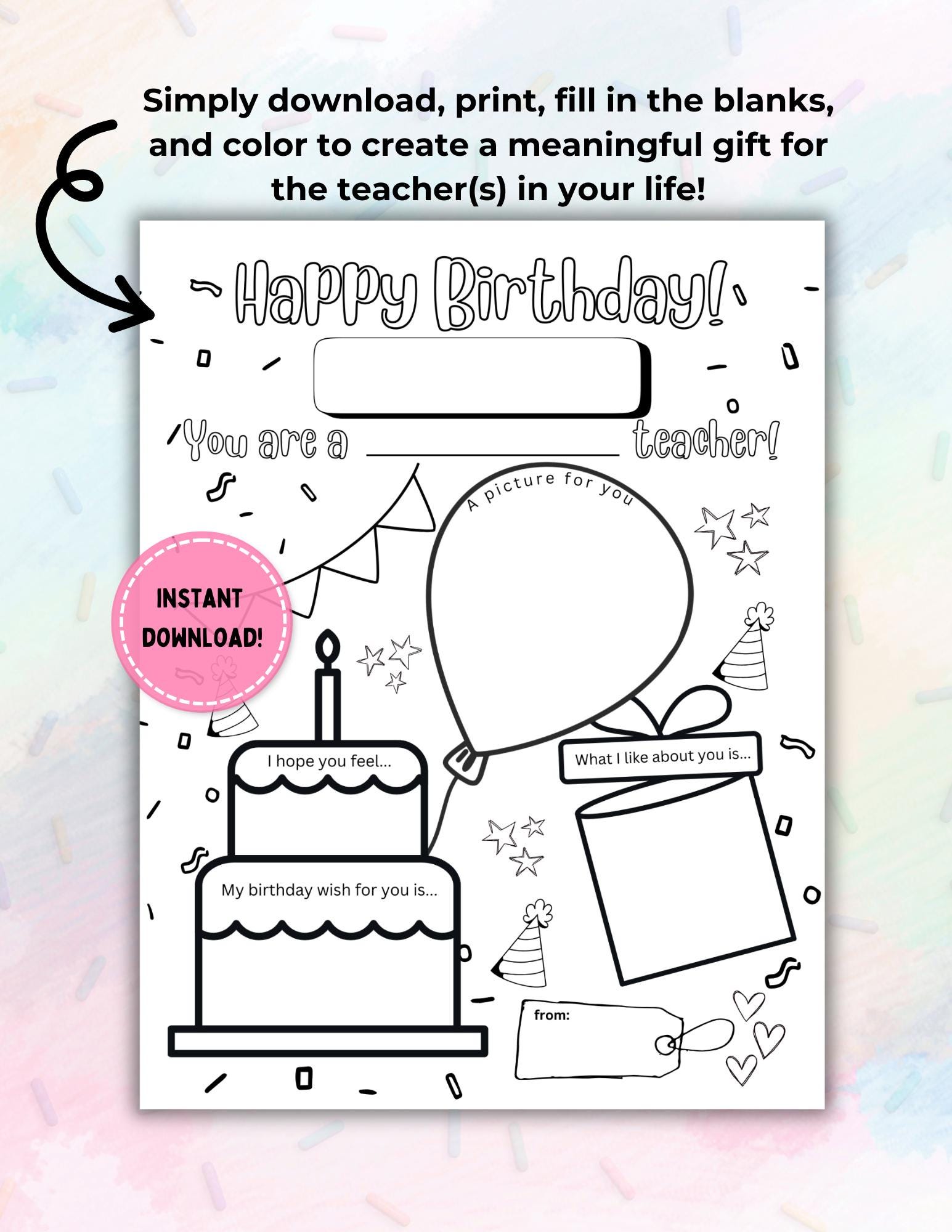 Happy Birthday Card for Teacher Printable, Happy Birthday Teacher ...