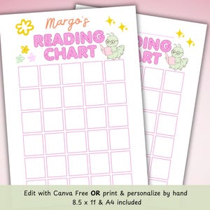 Puede incluir: Dos hojas blancas con cuadrículas rosas para un gráfico de lectura. El título "Margo's READING CHART" está en rosa, con una oruga verde leyendo un libro. La parte inferior dice "Edit with Canva Free OR print & personalize by hand 21,6 x 27,9 cm & A4 incluido".