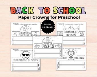 Preschool Paper Crowns, First Day of Preschool Craft, Printable Back to School Coloring Hats, No Prep Classroom Activity, Pre-K First Day