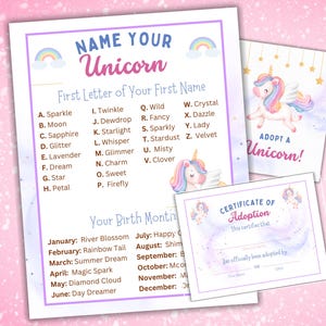 Puede incluir: Un conjunto de hojas imprimibles con temática de unicornios. Una hoja se titula "Nombra tu unicornio" con una lista de nombres y opciones de mes de nacimiento. Otra hoja dice "¡Adopta un unicornio!" y un certificado de adopción.