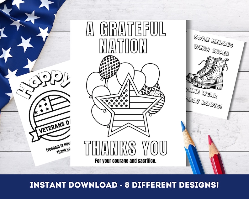 Veterans Day Coloring Card - Veterans Day Coloring Pages- Thank you Veterans - Printable Kids Activity - Thank you for your Service Veterans