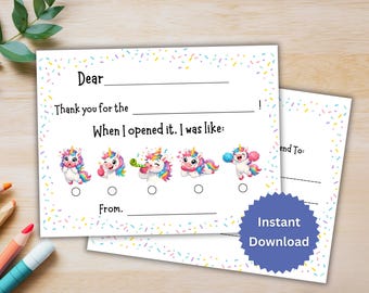 Kids Unicorn Thank You Card, Printable Gratitude Notecards for Birthday and Everyday Appreciation, Postcard Style