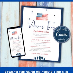 Puede incluir: Una plantilla de invitaci&oacute;n imprimible para el D&iacute;a de los Veteranos con un dise&ntilde;o de bandera estadounidense en acuarela. La invitaci&oacute;n incluye el texto "Celebraci&oacute;n del D&iacute;a de los Veteranos" y detalles sobre el evento, como la fecha, la hora y la ubicaci&oacute;n. El texto "editar con Canva instant&aacute;neamente!" tambi&eacute;n est&aacute; incluido en la invitaci&oacute;n.