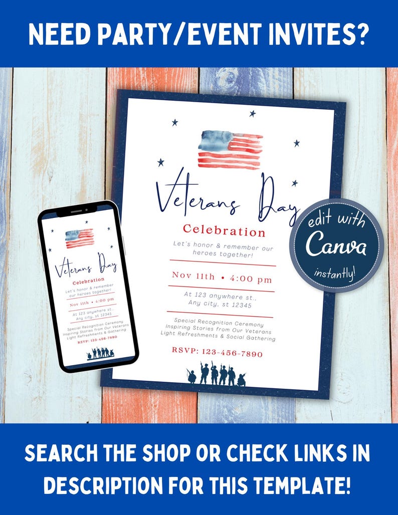 Puede incluir: Una plantilla de invitaci&oacute;n imprimible para el D&iacute;a de los Veteranos con un dise&ntilde;o de bandera estadounidense en acuarela. La invitaci&oacute;n incluye el texto "Celebraci&oacute;n del D&iacute;a de los Veteranos" y detalles sobre el evento, como la fecha, la hora y la ubicaci&oacute;n. El texto "editar con Canva instant&aacute;neamente!" tambi&eacute;n est&aacute; incluido en la invitaci&oacute;n.