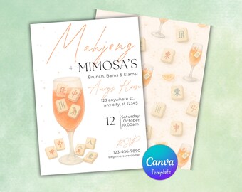 May include: A watercolor invitation for a Mahjong and Mimosa brunch. The design features a mimosa glass with Mahjong tiles, the text "Mahjong + Mimosa's Brunch, Bams & Slams!" and event details. The back of the invitation has a pattern of Mahjong tiles and mimosas.