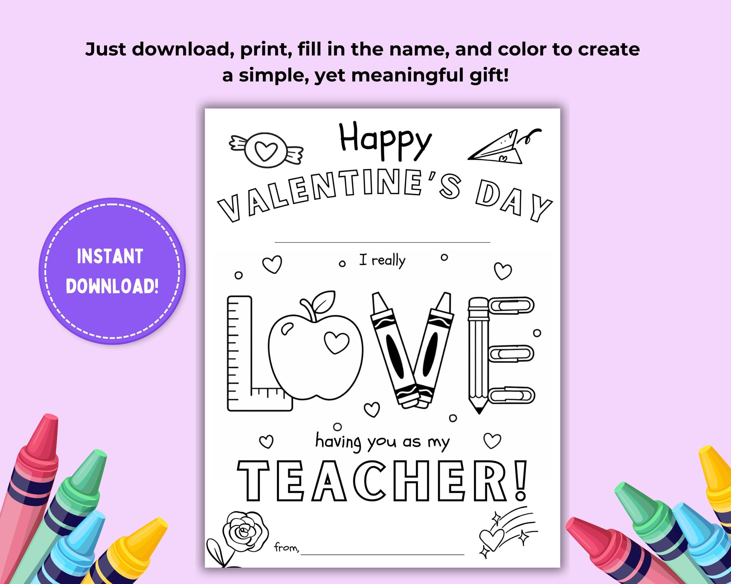Teacher Valentine Coloring Card | Personalized Classroom Gift