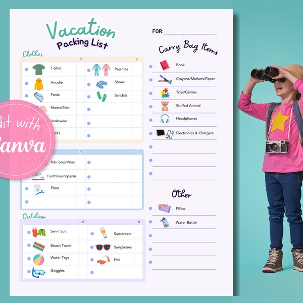Paklijst vakantie voor kinderen: visuele checklist, bewerkbare sjabloon (digitale download), voorjaarsvakantie, wintervakantie