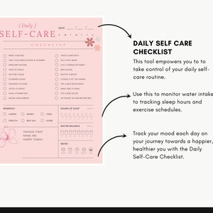 May include: A pink printable daily self-care checklist with sections for making your bed, taking medications, skincare routine, doing a workout, hours of sleep, water balance, and mood tracking. The checklist includes the text "Daily Self-Care Checklist" and "This tool empowers you to take control of your daily self-care routine."
