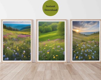 Frühling Wiese Wildblumen Wand Kunst 3er Set, Digitale Wandkunst, Digitaldrucke, Wildblumen Wandkunst, druckbare Wandkunst, Instant Downloads