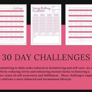 May include: Three printable 30-day challenge trackers: self-care, savings, and decluttering. Each tracker has a pink and white color scheme and features a grid of boxes for daily tasks.