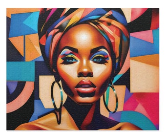 May include: A colorful abstract painting of a woman with blue eyeshadow and bright red lips. She is wearing a colorful head wrap and large hoop earrings. The background is a geometric pattern of bright colors.
