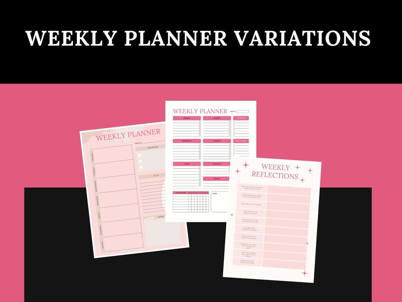 May include: Three printable weekly planner templates with pink backgrounds. The first template is a simple weekly planner with space for daily tasks and notes. The second template is a more detailed weekly planner with space for daily tasks, appointments, and a to-do list. The third template is a weekly reflection page with space for journaling and reflection.