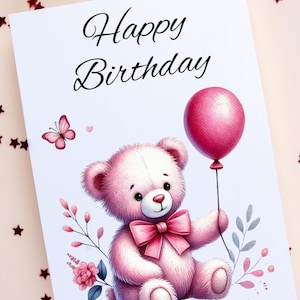 Happy Birthday Card, Pink Teddy Bear, Balloon Butterfly, Simple Design, Digital Download, PNG, Little Girl, Cute Sweet, Printable, Tag Idea