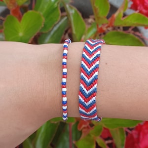 Red, white, and blue  chevron friendship bracelets, get a matching FREE seed bead bracelet with your purchase.