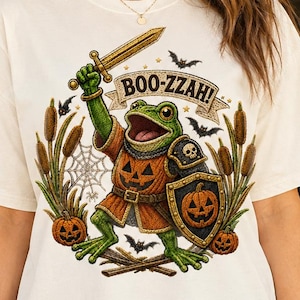 Faux Halloween Embroidered Frog Knight Shirt, Boo-Zzah Medieval Frog Tee, Spooky Pumpkin Knight T-Shirt, Fall Graphic Tee