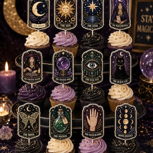 May include: A set of twelve cupcake toppers featuring rectangular cards with mystical illustrations including The Moon, The Sun, The Star, The High Priestess, The Fortune Teller, The Crystal Ball, The Evil Eye, The Black Cat, The Moth, The Potion, The Palm Reader, and Moon Phases.