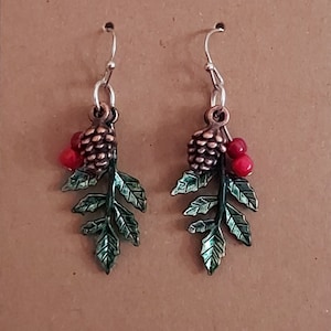 Holly Berry and Pinecone Dangle Earrings