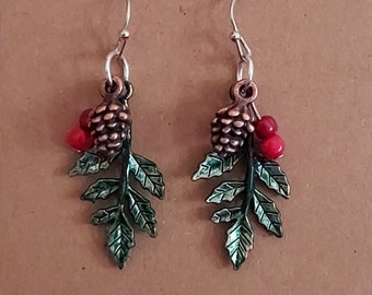 Holly Berry and Pinecone Dangle Earrings