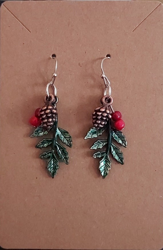 Holly Berry and Pinecone Dangle Earrings