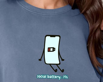 Social Battery 1% Phone Character sweatshirt | Introvert Humor, Mental Health tee
