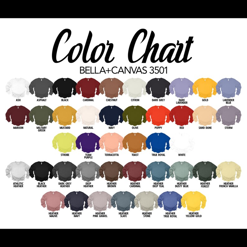 Op de afbeelding: Kleurenkaart voor Bella + Canvas 3501 sweatshirts, met een verscheidenheid aan kleuren, waaronder as, asfalt, zwart, kardinaal, kastanje, citroen, donkergrijs, donkerpaars, goud, lavendelblauw, donkerrood, legergroen, mosterd, naturel, marineblauw, olijf, papaver, rood, zandduin, storm, stroboscoop, teampaars, terracotta, toast, koninklijkblauw, wit, atletisch grijs, zwart grijs, donkergrijs grijs, diep grijs, bruin grijs, kardinaal grijs, donkerblauw grijs, stoffig blauw grijs, bos grijs, vanille grijs, mauve grijs, marineblauw grijs, roze grind grijs, leisteen grijs, steen grijs, koninklijkblauw grijs en geel goud grijs.