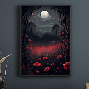 Póster de semillas de amapola roja, arte mural floral oscuro, arte botánico melancólico, póster botánico oscuro