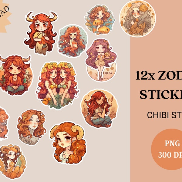 Zodiac digital stickers, zodiac chibi stickers, astrology stickers, manga laptop stickers