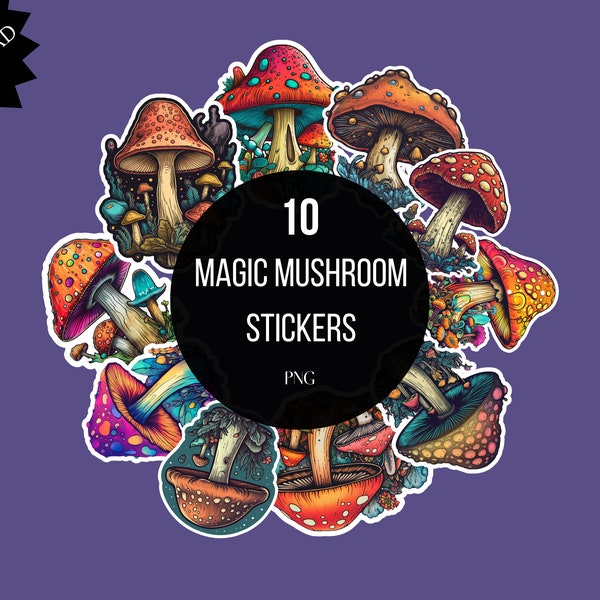 Psychedelic mushroom stickers, mushroom printable stickers, laptop stickers, stickers pack