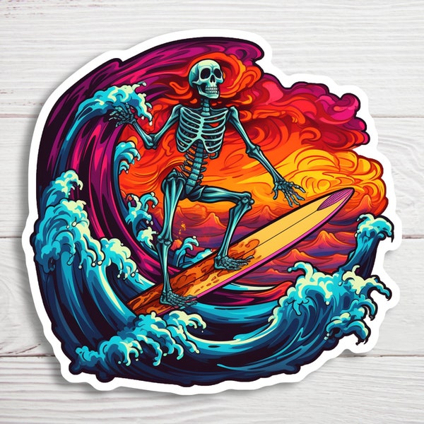 Fiery Wave Skeleton | Vinyl Waterproof Sticker | Spooky Surfer Decal | Water Bottle Sticker | Surfing Sticker | Skeleton Sticker