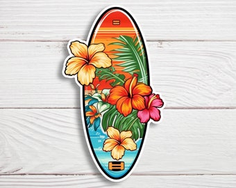 Hawaii Inspired Surfboard Sticker with Hibiscus Flowers - Waterproof Vinyl