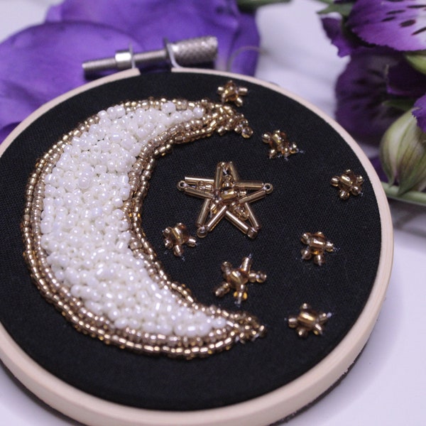 Beaded Crescent Moon and Stars in Embroidery Hoop