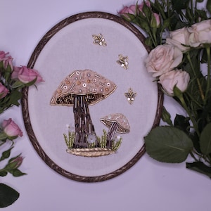 Beaded Embroidered Mushroom on Embroidery Hoop