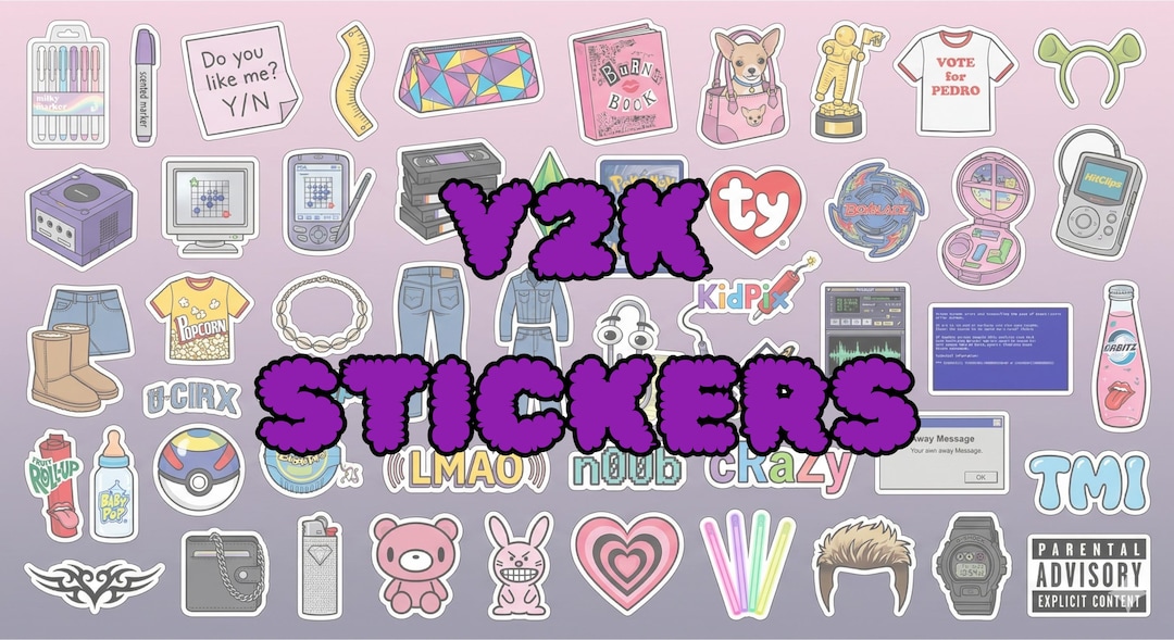 2000 Stickers Background Y2K Nostalgia Pack| 50+ Retro Stickers | 2000s Snacks, School Supplies ...