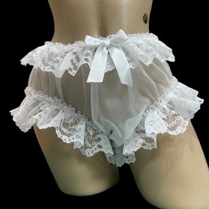 Adult Sissy White Nylon Panty with Delicate Fluffy Lace Trim - Size Small