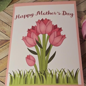 Carte de voeux heureuse pour la fête des mères | Tulipes roses élégantes | carte rose pour la fête des mères | Carte vierge pour la fête des mères | Carte fleurie pour maman