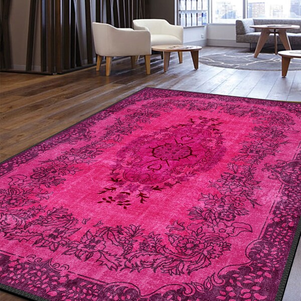 Fuchsia Turkish Rug, Traditional Ethnic Carpet With Medallion, Rugs for Living Room Area, Rustic Tribal Boho, Chic Rectangular Bedroom Gift