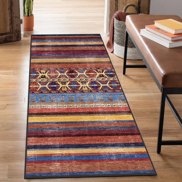 Kilim Runner Rug, Colorful Long Carpet for Hallway, Entryway Hall Rugs, Tribal Multicolor Carpet, Decorative Washable Bathroom Kitchen Rug