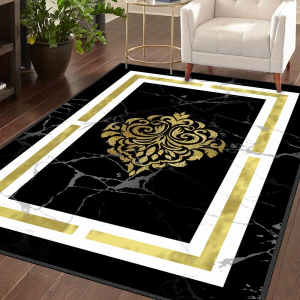 Gold Decorative Salon Rug, Modern Black Marble Pattern Carpet, 8x10 250x350 Large Medallion Rugs, Luxury Round Carpets For Living Room Area