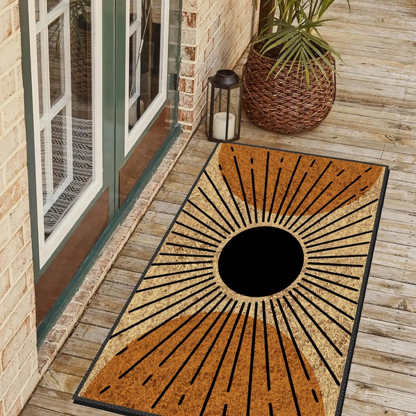 Mid Century Modern Rug, Welcome Mat, Midcentury Entryway Doormat, Minimalist Housewarming Gift, Sun Rays Decorative Living Room Area Carpet