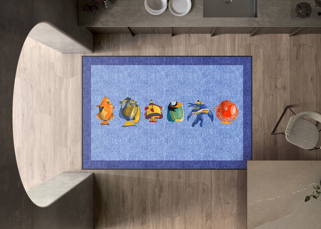 Modern Blue Fish Rug for Kitchen, Marine Design Carpet, Non Slip