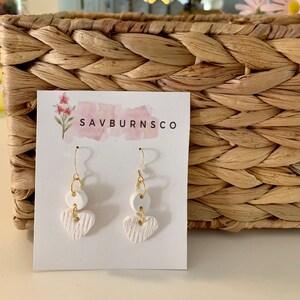 Textured White Heart Clay Earrings | Handmade | Hypoallergenic