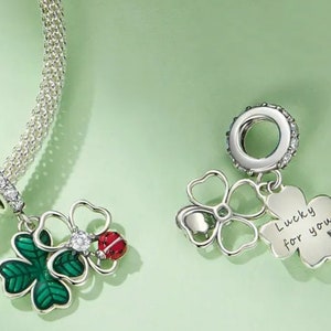 Evil eye amulet charm, 925 silver lucky pendant 4-leaf clover with ladybug for special gift