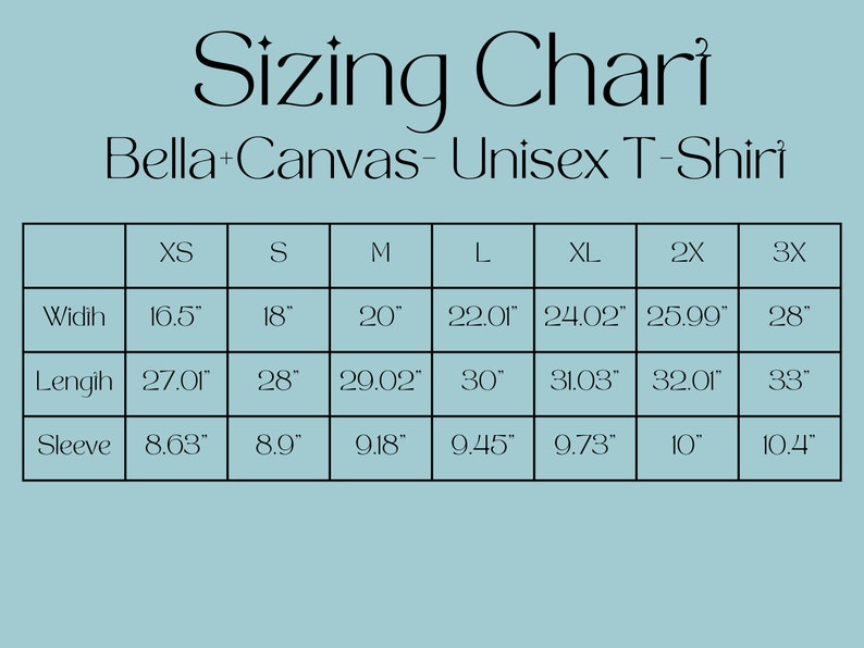 May include: A sizing chart for Bella + Canvas unisex t-shirts, showing measurements in inches for width, length, and sleeve length for sizes XS through 3X.