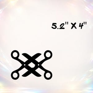 May include: A black silhouette graphic of two pairs of scissors crossed over each other. The text 5.2" x 4" is printed in black above the scissors, indicating the dimensions of the design.
